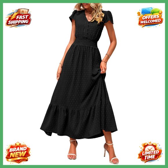 Swiss Dot Maxi Dress Boho Tiered Smocked Waist V Neck Flowy Summer Casual